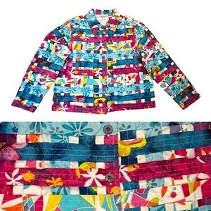 New Direction Artsy Blouse Jacket Colorful Patchwork Collared Button Up Size XL